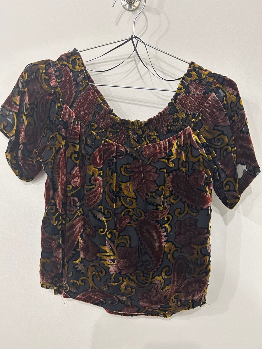 Velvet Paisley Smocked Off-Shoulder Top - Black & Burgundy